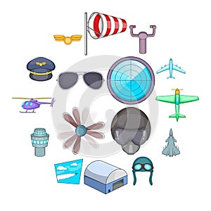 Aviation icons set, cartoon style