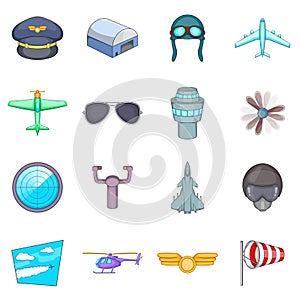 Aviation icons set, cartoon style