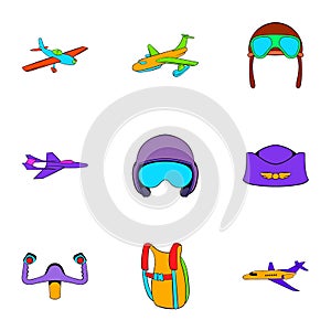 Aviation icons set, cartoon style