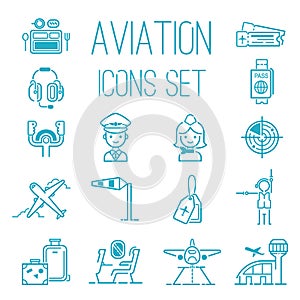 Aviation icons vector set airline graphic illustration. Flight airport transportation aviation icons passenger design