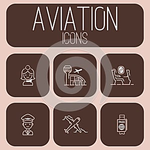 Aviation icons vector set airline outline graphic illustration flight airport transportation passenger design departure.