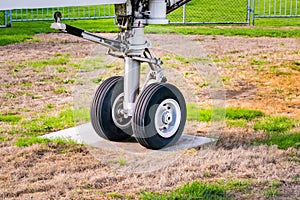 Aviation landing gear resting on grass