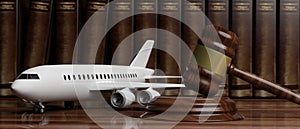 Aviation Law. Blank commercial airplane and judge gavel on legal books background. 3d illustration