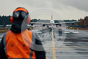Aviation Marshaller Guides Aircraft In For Landing From Behind photo