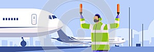 aviation marshaller supervisor near aircraft air traffic controller airline worker in signal vest professional airport