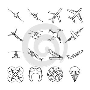 Aviation thin line vector icons set