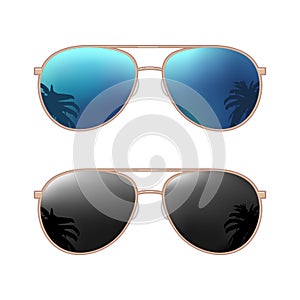 Aviator modern sunglasses with palms reflection. Vector color flat illustration