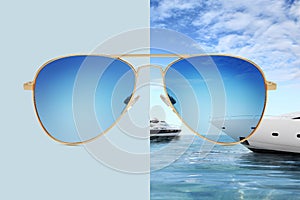 Aviator sunglasses isolated on blue and summer background with boats on the sea and blue sky, concept of polarized protective
