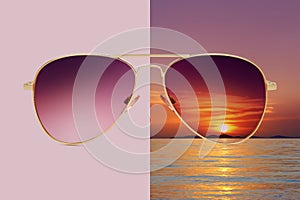 Aviator sunglasses isolated on pink and summer sunset background with sea and red sky, concept of polarized protective lenses