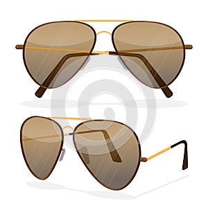 Aviator sunglasses isolated on white. Dark brown reflective lense