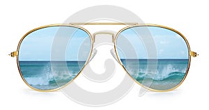 Aviator sunglasses with ocean reflection. Isolated