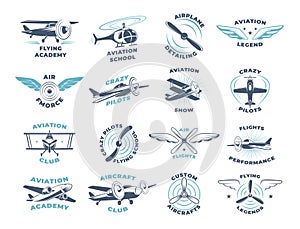 Aviators. Airplanes wings and propellers stylized badges with place for text exact vector business logotypes collection