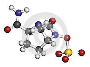 Avibactam drug molecule. Beta-lactamase inhibitor given in combination with antibiotics. Atoms are represented as spheres with