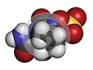 Avibactam drug molecule. Beta-lactamase inhibitor given in combination with antibiotics. Atoms are represented as spheres with