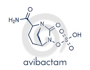 Avibactam drug molecule. Beta-lactamase inhibitor given in combination with antibiotics. Skeletal formula.