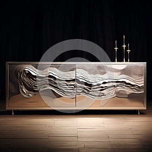 Avicii-inspired Liquid Metal Tv Stand: A Silver Cabinet With Waves And Dramatic Lighting