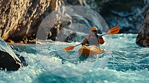 Avid Kayaker Paddling The Rapids of A Beautiful Mountain River. Generative AI