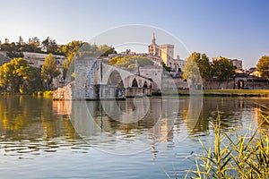 Avignon Bridge with Popes Palace in Provence, France photo