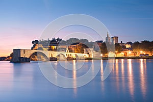 Avignon Bridge with Popes Palace and Rhone river at dawn