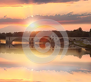 Avignon Bridge with Rhone river at sunset, Pont Saint-Benezet, Provence, France