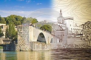 Avignon city with the ancient broken medieval bridge of Saint Benezet Europe France Provence