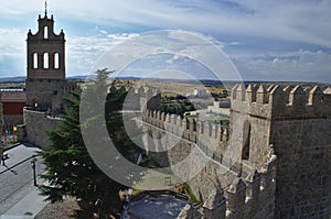 Avila city surrounded by walls and bell tower. Medieval city. Medieval walls and towers. Avila. Castile and Leon. Spain.