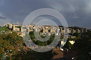 Avila city surrounded by walls. Medieval city. Medieval walls and towers. Avila. Castile and Leon. Spain.