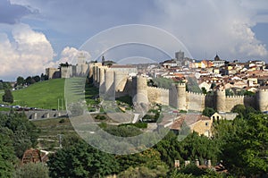 Avila city surrounded by walls. Medieval city. Medieval walls and towers. Avila. Castile and Leon. Spain.