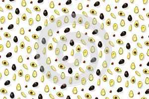 Avocado. Background made from  Avocado pieces on white background. Flat lay of fresh ripe avocados and avacado pieces