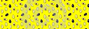Avocado banner. Background made from isolated Avocado pieces on yellow background. Flat lay of fresh ripe avocados and avacado