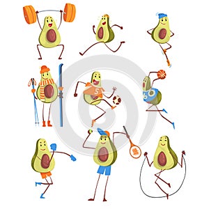 Avocado Cartoon Character Doing Sports Set, Funny Exotic Fruit Athlete Playing Basketball, Soccer, Tennis, Jumping with