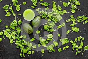 Avocado, celeriac. Vegetables for greeny organic smoothy for sport diet on dark background top view mockup