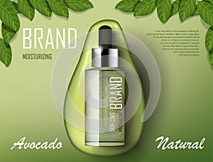 Avocado cosmetics oil template ad. Organic product bottle mockup advertising poster template. Realistic essence product