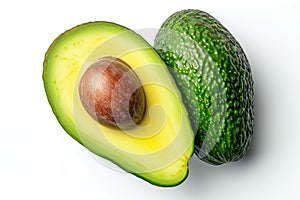 Avocado Cut in Half on White Background A photo of a single avocado cut in half, revealing its creamy green flesh, placed on a