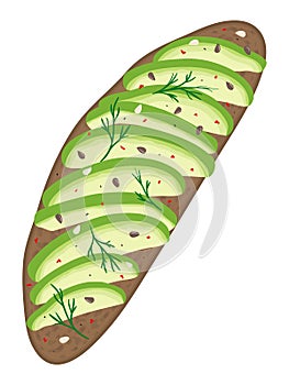 Avocado on dark rustic bread. Delicious avocado sandwich. Vector illustration.