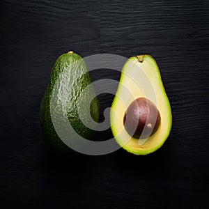 Avocado displayed on dark wooden background, creating striking contrast