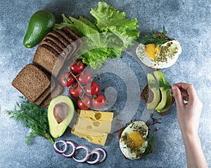 Avocado, egg sandwiches on whole grain bread with tri-colored tomatoes on rustic baking tray