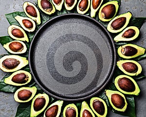 Avocado. Frame made from avocado palta and avocado tree leaves around black plate. Guacamole ingredients. Healthy fat, omega 3. Ha photo