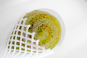 Avocado fruit with foam epe net on  white background.