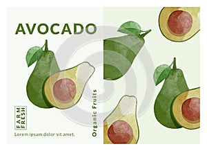 Avocado fruit packaging design templates, watercolour style vector illustration.