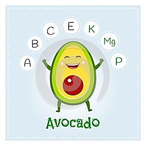 Avocado fruit vitamins and minerals. Funny fruit character. Healthy food illustration