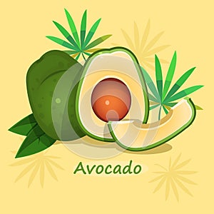 Avocado with green leafs on yellow background