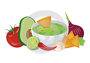 Avocado guacamole salsa with tortilla chips icon vector