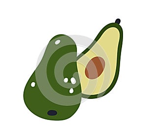 Avocado half with core, pit and green flesh. Cut piece of healthy fruit with seed. Raw fresh ripe vegetable food, cross