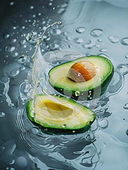 Avocado half floating in water. Vertical layout. Dark emerald and grey colors