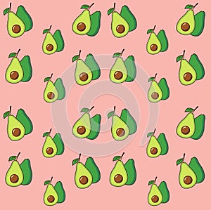 Avocado halves cut seamless pattern on a pink background. Fruit.