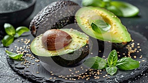 Avocado halves with seeds and leaves on a black plate, AI