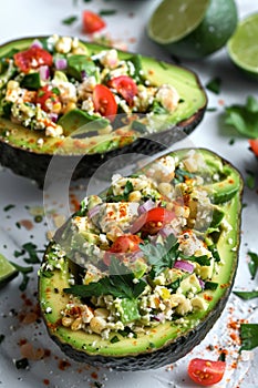 Avocado halves topped with corn, cheese, and tomatoes, garnished with parsley