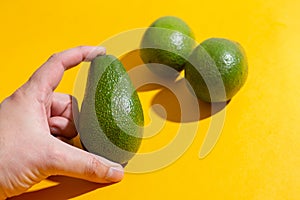 avocado in a hand of man colored background. healthy food concept