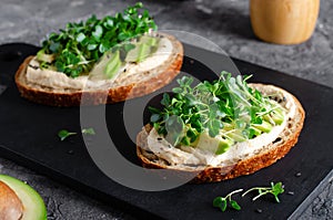 Avocado Hummus Toast with Sprouts, Healthy Snack, Breakfast, Vegetarian Meal